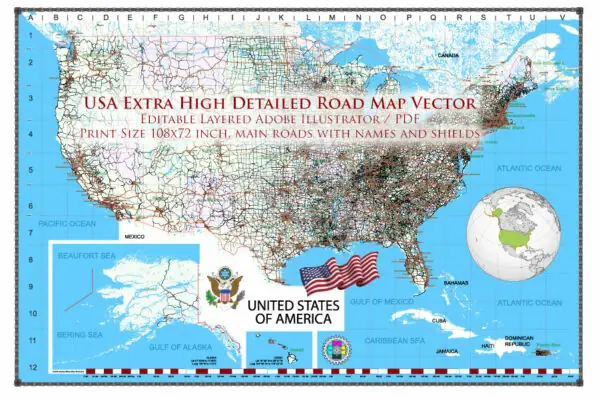 United States Vector Map Extra High Detailed Editable Layered Adobe Illustrator main roads with labels and shields, major cities v.8