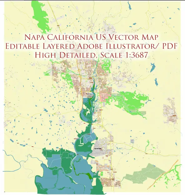 Napa + surrounding areas, California USA High Detailed PDF Vector Map Editable Layered Adobe PDF