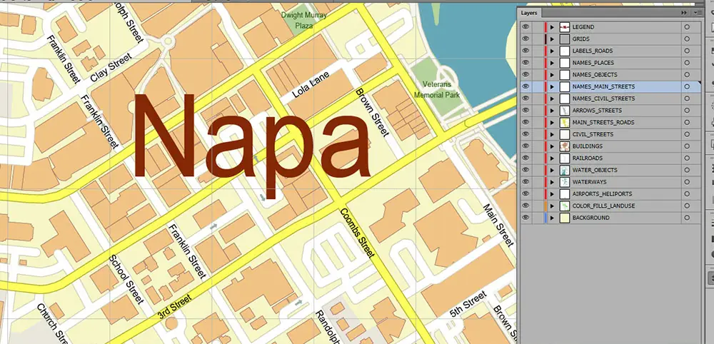Napa + surrounding areas, California USA High Detailed PDF Vector Map Editable Layered Adobe PDF