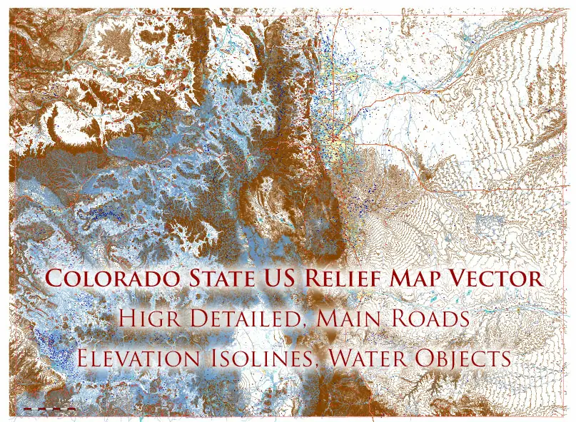 Colorado Full State US Relief Vector Map: Full Extra High Detailed (main roads, water objects, relief isolines) editable Adobe Illustrator in layers