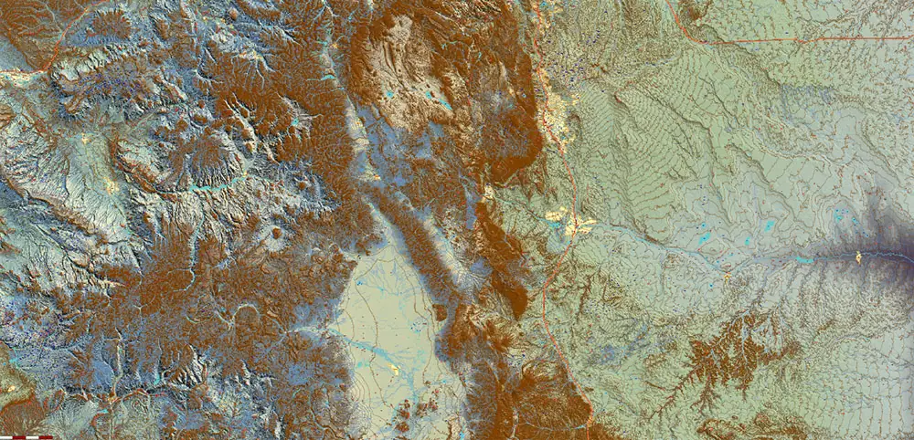 Colorado Full State US Relief Vector Map: Full Extra High Detailed (main roads, water objects, relief isolines) editable Adobe Illustrator in layers