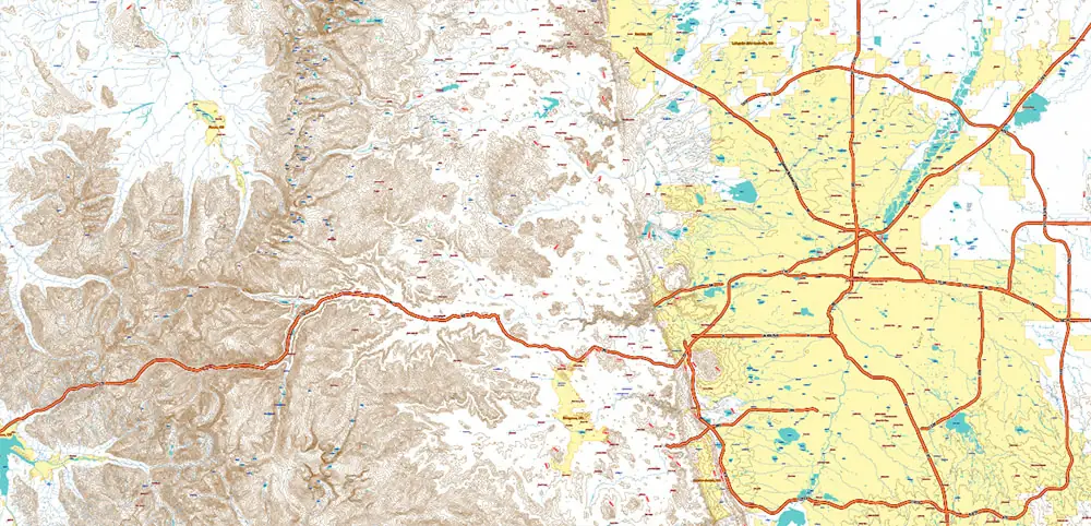 Colorado Full State US Relief Vector Map: Full Extra High Detailed (main roads, water objects, relief isolines) editable Adobe Illustrator in layers