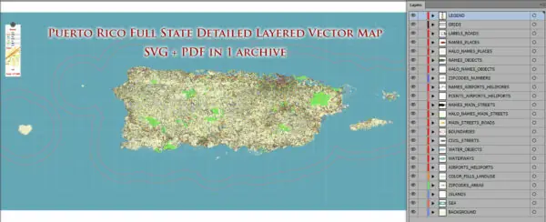 _Puerto Rico Full State US SVG + PDF Vector Map: Full Extra High Detailed (all roads, zipcodes, airports) editable Adobe PDF + SVG in layer