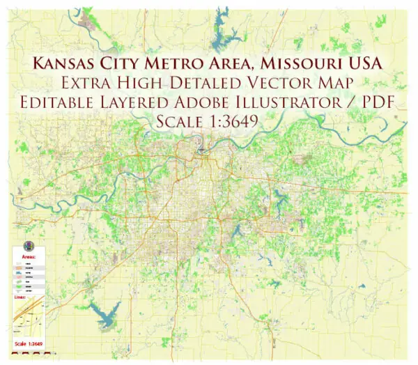 Kansas City Metro Area Missouri USA 2025 Vector Map Exact Extra High Detailed Street Map Adobe Illustrator in layers