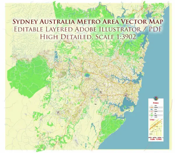 Sydney Metro Area Australia 2025 Vector Map Exact Extra High Detailed Street Map Adobe Illustrator in layers