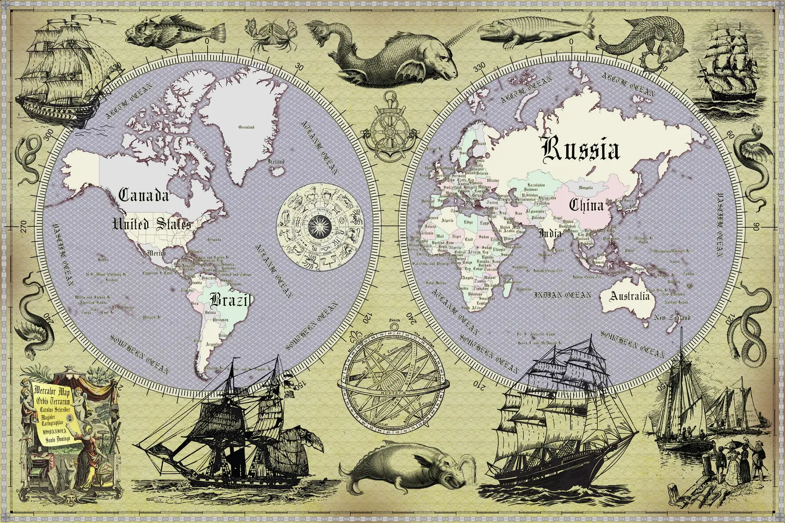world map, retro map, ancient style