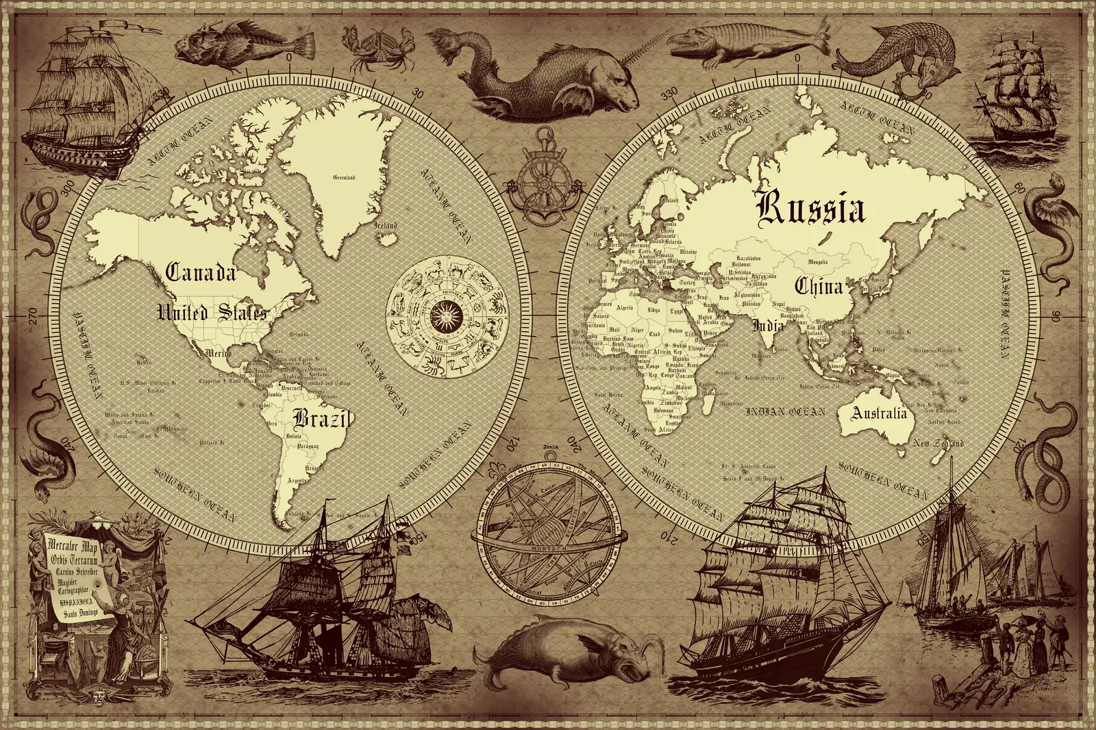 world map, retro map, ancient style