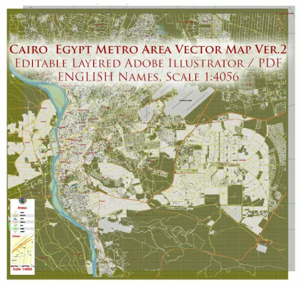 Cairo Metro Area Ver.2 EgyptVector Map High Detailed Street Map (ENGLISH NAMES) Adobe Illustrator in layers