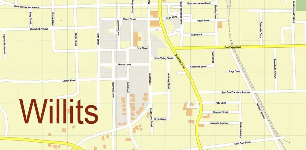 Brooktrails + Willits California USA Vector Map Exact Extra High Detailed Street Map Adobe Illustrator in layers