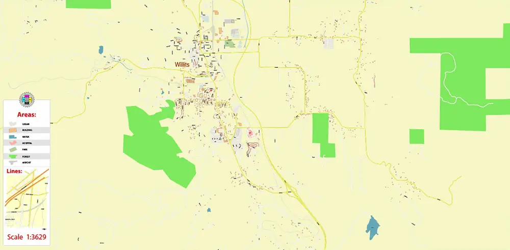 Brooktrails + Willits California USA Vector Map Exact Extra High Detailed Street Map Adobe Illustrator in layers