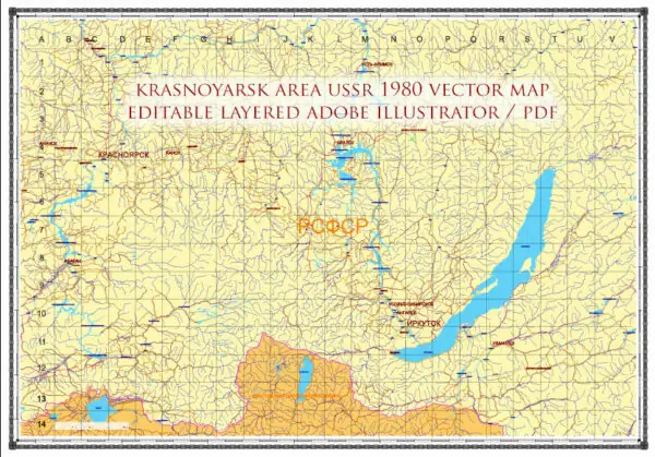Krasnoyarsk area USSR 1980 vector map military edition (RUSSIAN NAMES) editable layered Adobe Illustrator