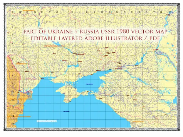Ukraine-Russia part area USSR 1980 vector map military edition (RUSSIAN NAMES) editable layered Adobe Illustrator