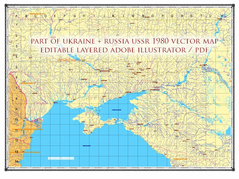 Ukraine-Russia part area USSR 1980 vector map military edition (RUSSIAN NAMES) editable layered Adobe Illustrator