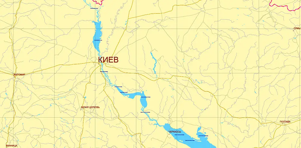 Ukraine-Russia part area USSR 1980 vector map military edition (RUSSIAN NAMES) editable layered Adobe Illustrator
