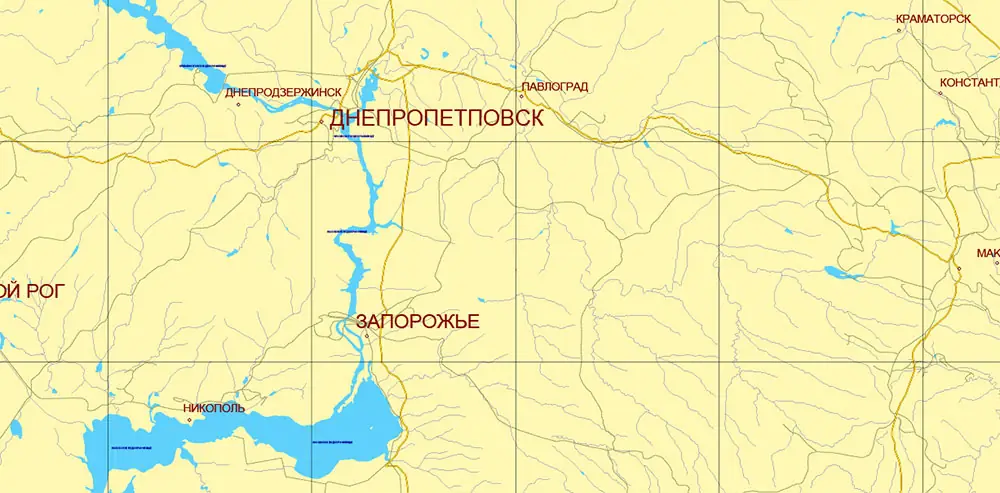 Ukraine-Russia part area USSR 1980 vector map military edition (RUSSIAN NAMES) editable layered Adobe Illustrator
