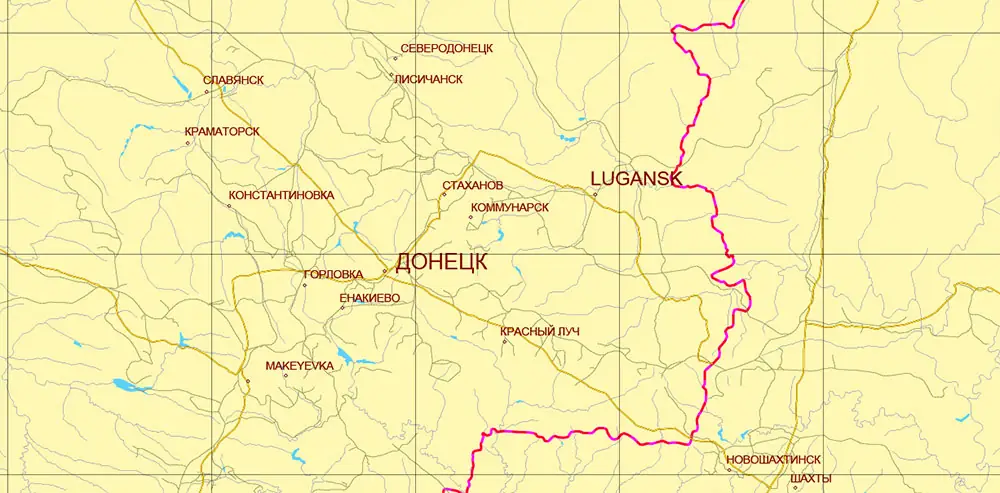 Ukraine-Russia part area USSR 1980 vector map military edition (RUSSIAN NAMES) editable layered Adobe Illustrator