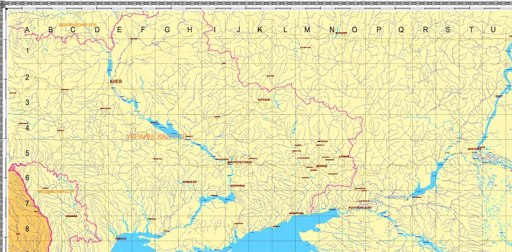 Ukraine-Russia part area USSR 1980 vector map military edition (RUSSIAN NAMES) editable layered Adobe Illustrator