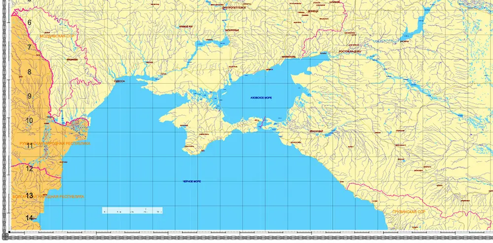 Ukraine-Russia part area USSR 1980 vector map military edition (RUSSIAN NAMES) editable layered Adobe Illustrator