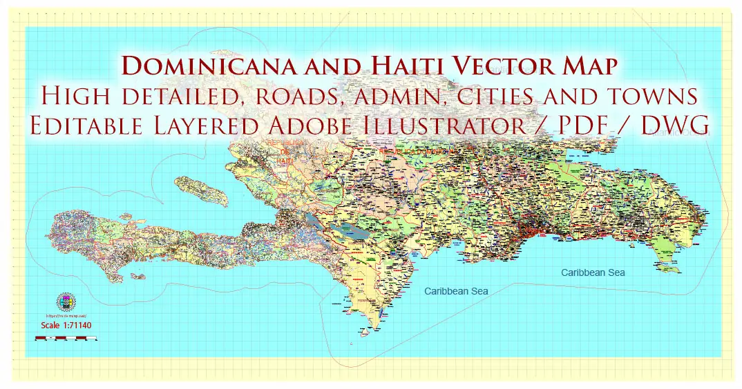 Dominicana and Haiti HD Vector Map high detailed roads editable layered in Adobe Illustrator