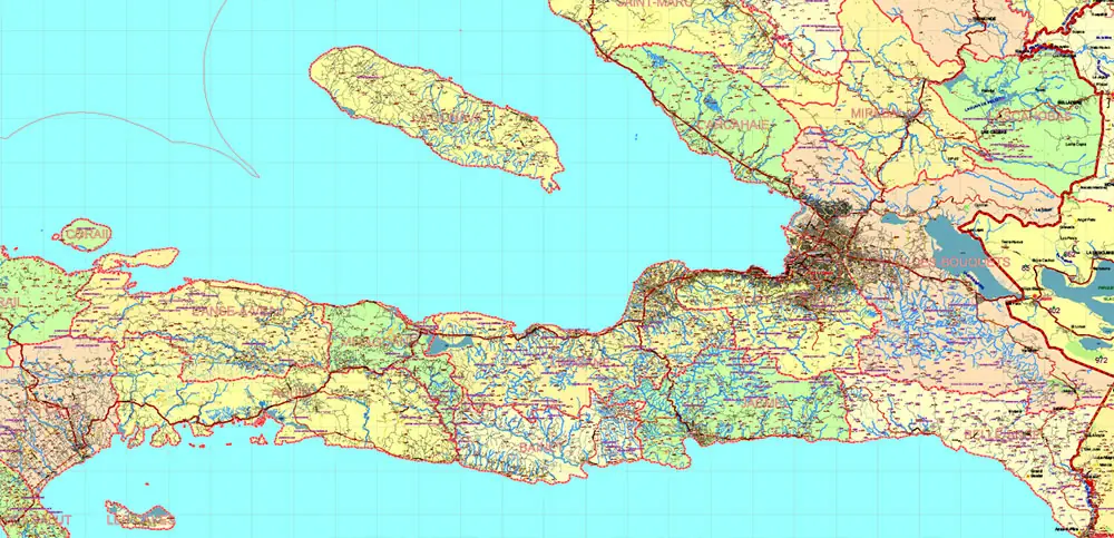 Dominicana and Haiti HD Vector Map high detailed roads editable layered in Adobe Illustrator