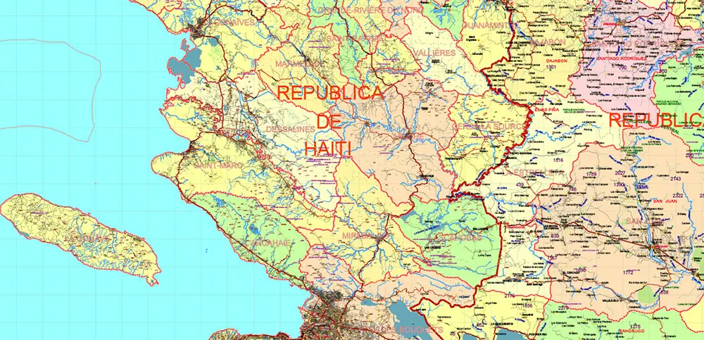 Dominicana and Haiti HD Vector Map high detailed roads editable layered in Adobe Illustrator