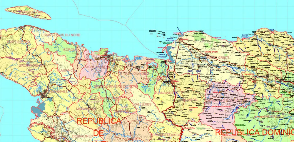 Dominicana and Haiti HD Vector Map high detailed roads editable layered in Adobe Illustrator