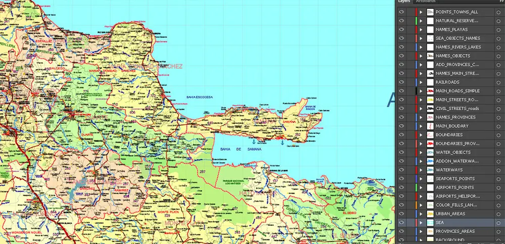 Dominicana and Haiti HD Vector Map high detailed roads editable layered in Adobe Illustrator