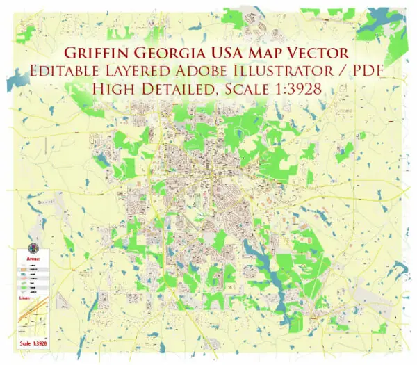Griffin Georgia USA Map Vector Exact City Plan High Detailed Street Map editable Adobe Illustrator in layers