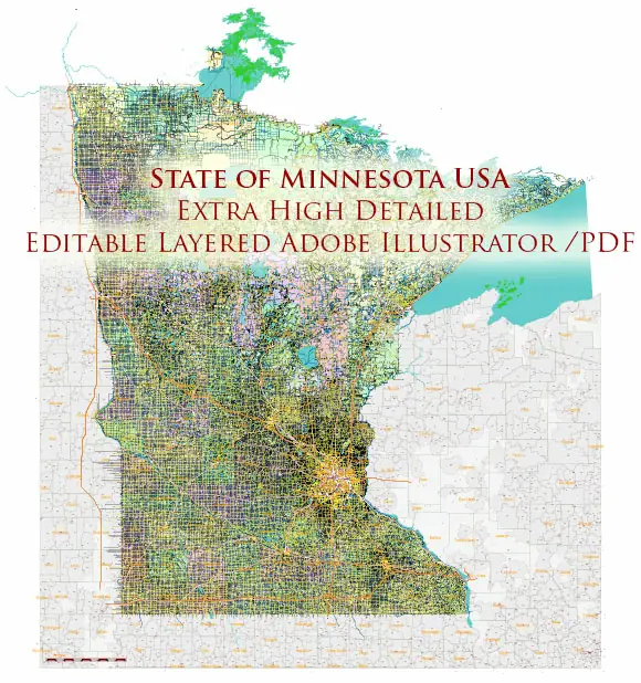 Minnesota State US Vector Map: Full Extra High Detailed (all roads, zipcodes, airports) + Admin Areas + main road names and shields editable Adobe Illustrator in layers