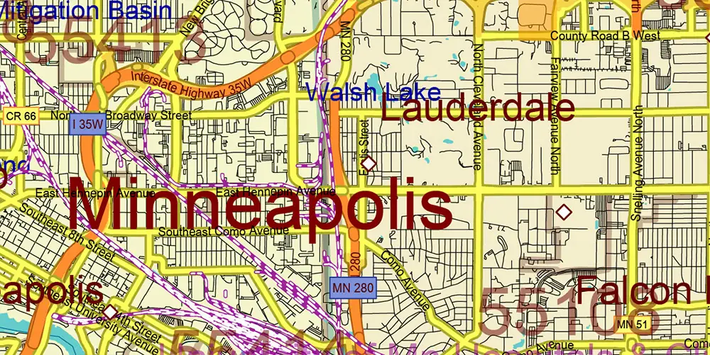 Minnesota State US Vector Map: Full Extra High Detailed (all roads, zipcodes, airports) + Admin Areas + main road names and shields editable Adobe Illustrator in layers