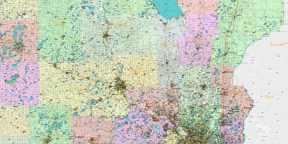 Minnesota State US Vector Map: Full Extra High Detailed (all roads, zipcodes, airports) + Admin Areas + main road names and shields editable Adobe Illustrator in layers
