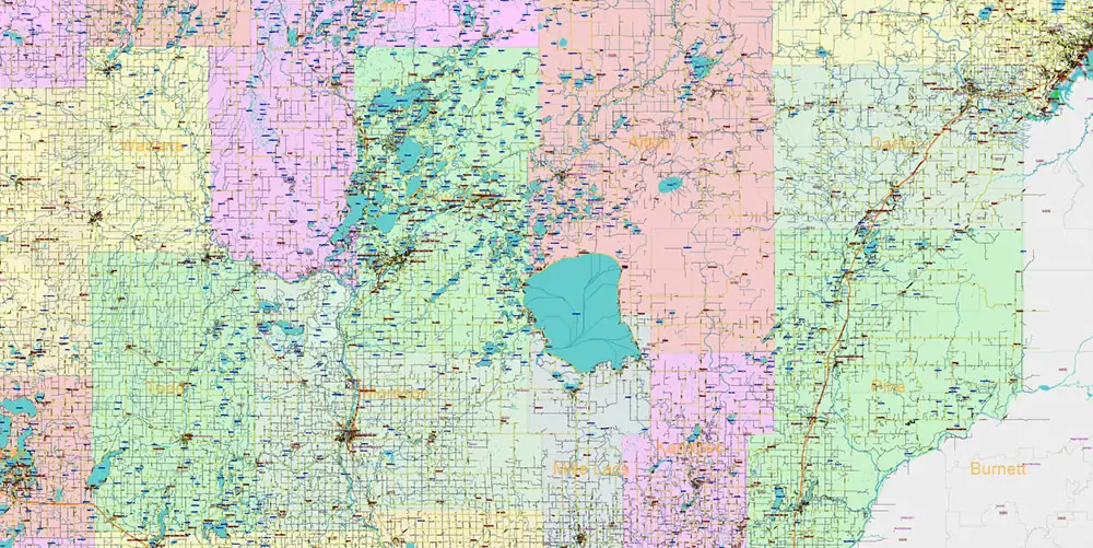 Minnesota State US Vector Map: Full Extra High Detailed (all roads, zipcodes, airports) + Admin Areas + main road names and shields editable Adobe Illustrator in layers
