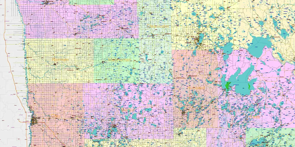 Minnesota State US Vector Map: Full Extra High Detailed (all roads, zipcodes, airports) + Admin Areas + main road names and shields editable Adobe Illustrator in layers