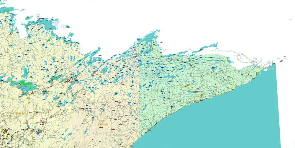 Minnesota State US Vector Map: Full Extra High Detailed (all roads, zipcodes, airports) + Admin Areas + main road names and shields editable Adobe Illustrator in layers
