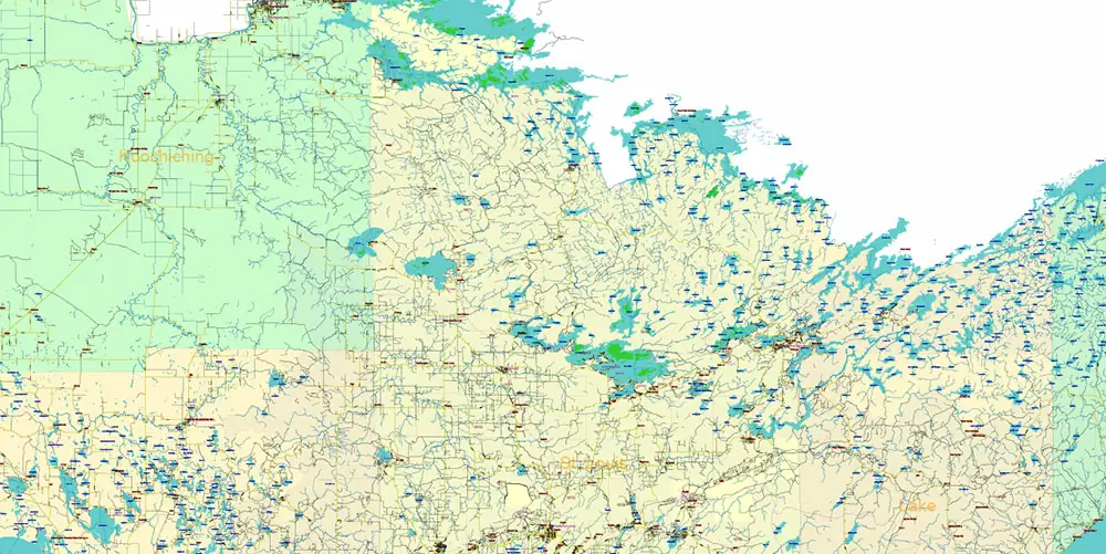 Minnesota State US Vector Map: Full Extra High Detailed (all roads, zipcodes, airports) + Admin Areas + main road names and shields editable Adobe Illustrator in layers