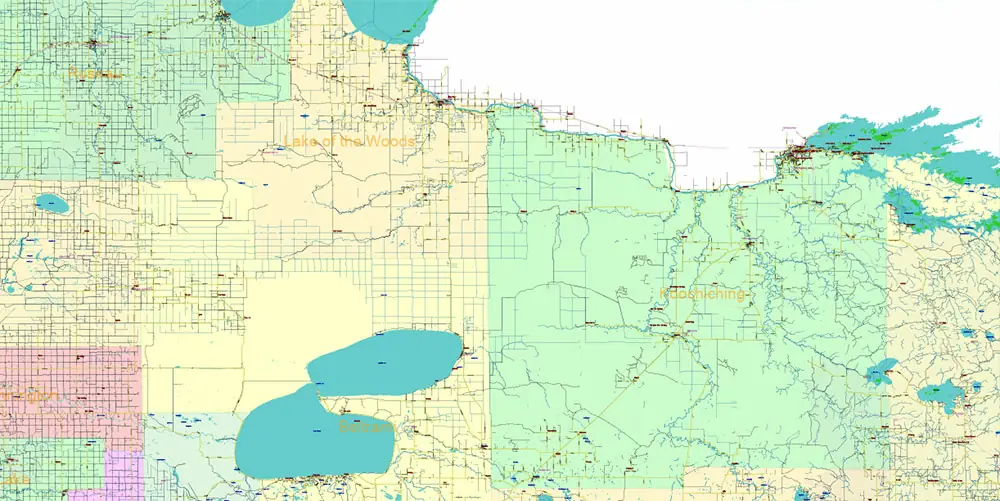 Minnesota State US Vector Map: Full Extra High Detailed (all roads, zipcodes, airports) + Admin Areas + main road names and shields editable Adobe Illustrator in layers