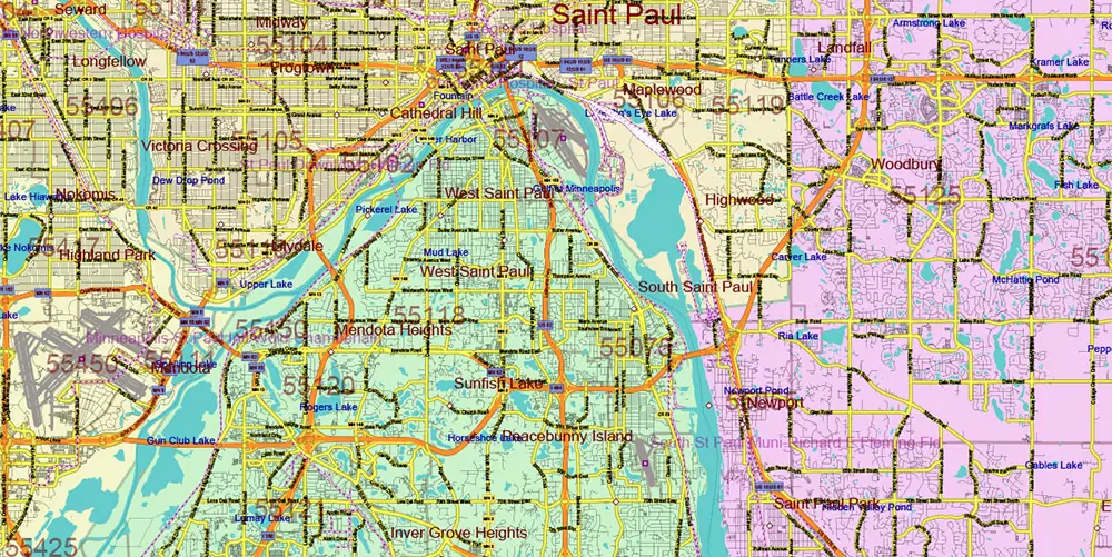 Minnesota State US Vector Map: Full Extra High Detailed (all roads, zipcodes, airports) + Admin Areas + main road names and shields editable Adobe Illustrator in layers