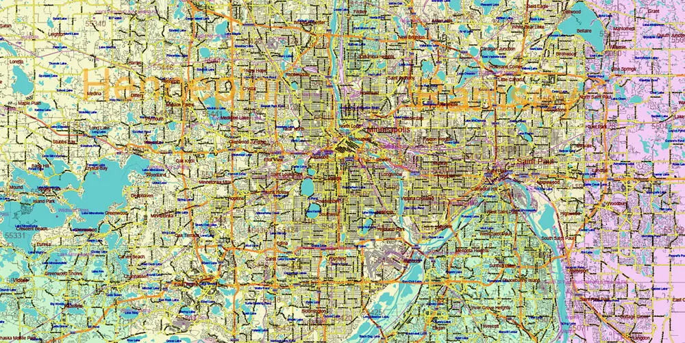 Minnesota State US Vector Map: Full Extra High Detailed (all roads, zipcodes, airports) + Admin Areas + main road names and shields editable Adobe Illustrator in layers