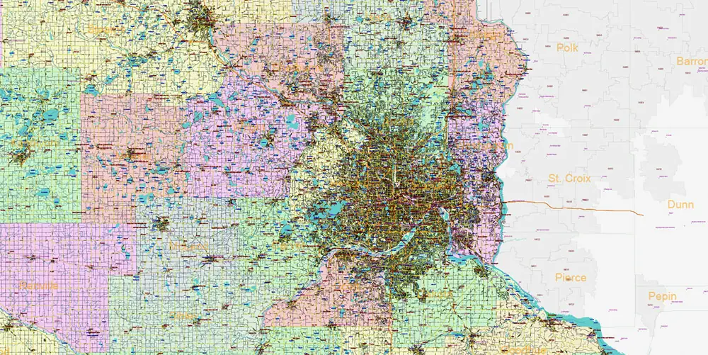 Minnesota State US Vector Map: Full Extra High Detailed (all roads, zipcodes, airports) + Admin Areas + main road names and shields editable Adobe Illustrator in layers