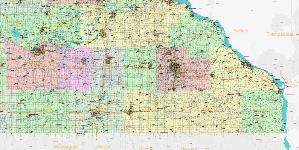 Minnesota State US Vector Map: Full Extra High Detailed (all roads, zipcodes, airports) + Admin Areas + main road names and shields editable Adobe Illustrator in layers