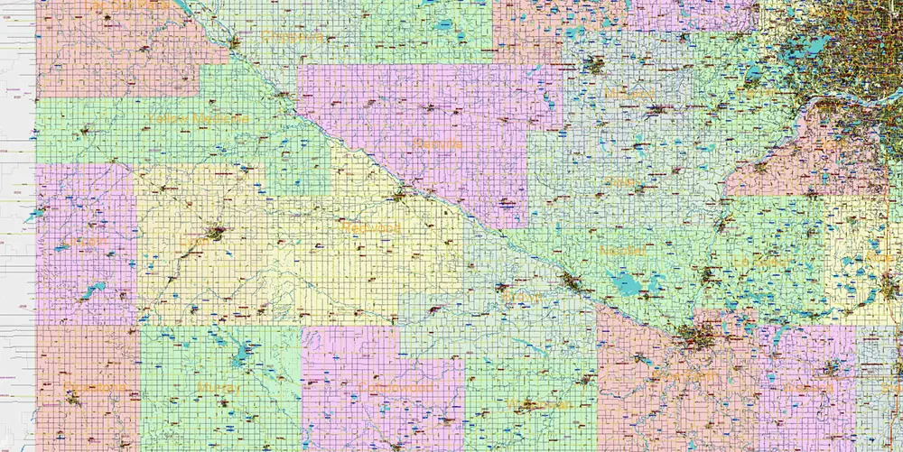 Minnesota State US Vector Map: Full Extra High Detailed (all roads, zipcodes, airports) + Admin Areas + main road names and shields editable Adobe Illustrator in layers