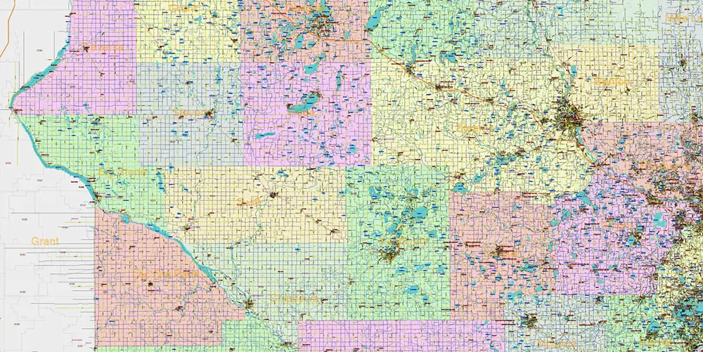 Minnesota State US Vector Map: Full Extra High Detailed (all roads, zipcodes, airports) + Admin Areas + main road names and shields editable Adobe Illustrator in layers