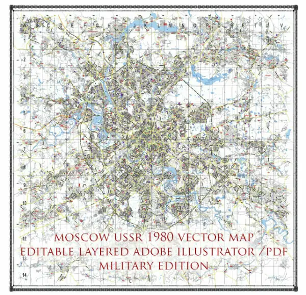 Moscow USSR 1980 vector map military edition (RUSSIAN NAMES) editable layered Adobe Illustrator