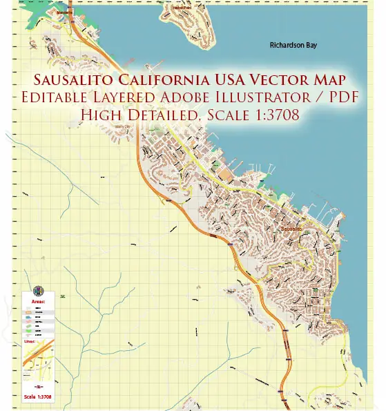 Sausalito California USA Map Vector Exact City Plan High Detailed Street Map editable Adobe Illustrator in layers