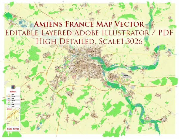 Amiens France Vector Map High Detailed fully editable Street Map Adobe Illustrator in layers