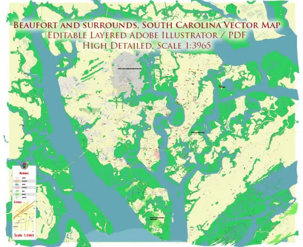 Beaufort and surrounds South Carolina USA Map Vector Exact City Plan High Detailed Street Map editable Adobe Illustrator in layers
