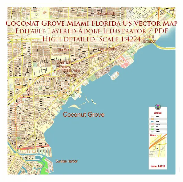 Coconut Grove Miami Florida US Map Vector Exact City Plan High Detailed Street Map editable Adobe Illustrator and PDF in layers