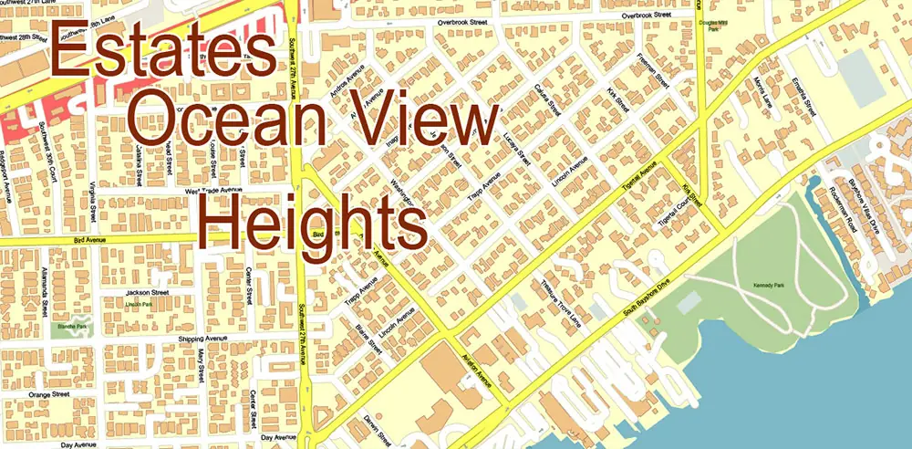 Coconut Grove Miami Florida US Map Vector Exact City Plan High Detailed Street Map editable Adobe Illustrator and PDF in layers