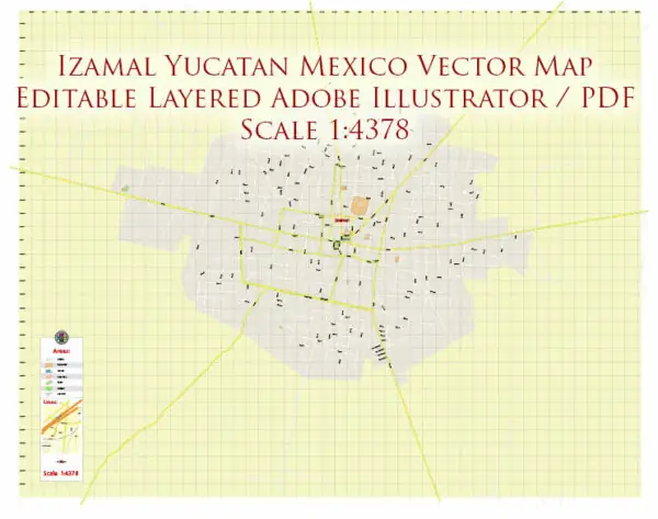 Izamal Yucatan Mexico Vector Map High Detailed editable layered Adobe Illustrator + PDF
