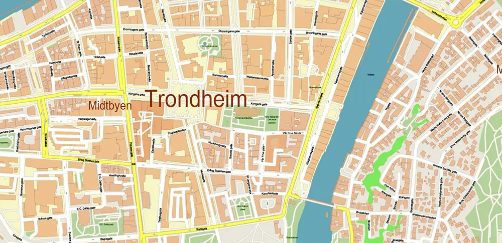 Trondheim Norway Vector Map High Detailed fully editable City Plan - Street Map Adobe Illustrator in layers
